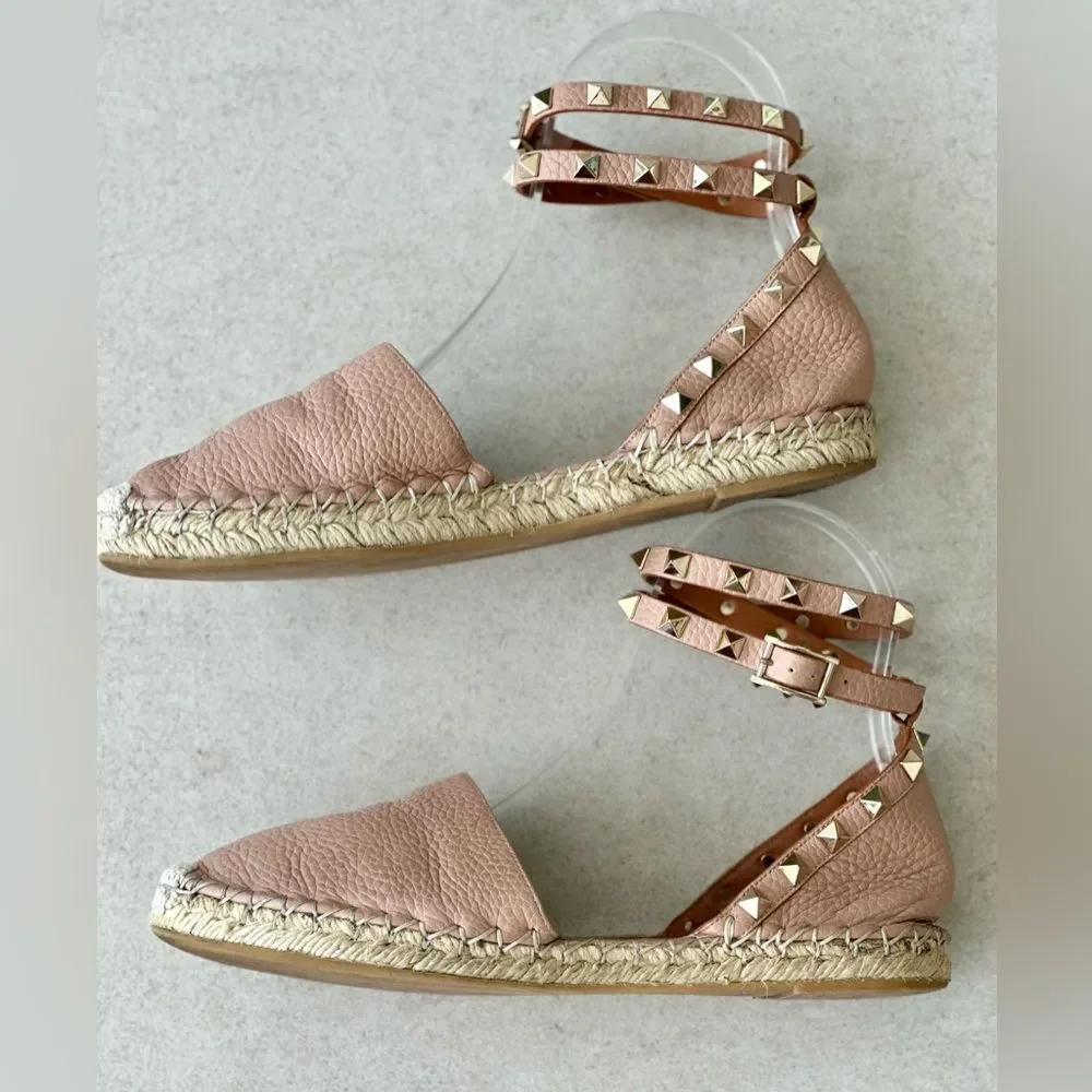 Valentino Garavani Rockstud Pink Leather Espadrille Ankle Wrap Flats Size 37